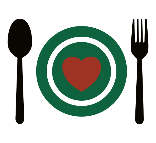 Icon of a plate with a fork and spoon, with a heart in the center