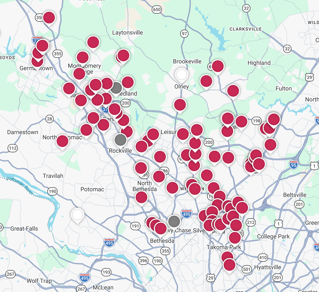 Map showing markers for food assistance sites all across Montgomery County